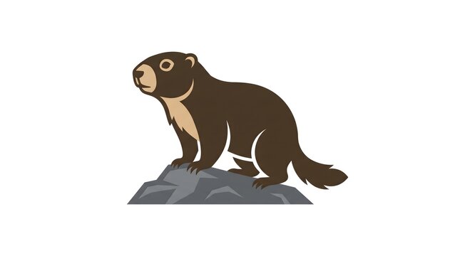 Stylized vector cartoon illustration of a cute brown marmot or groundhog standing on a grey rock looking up, isolated on a clean white background.