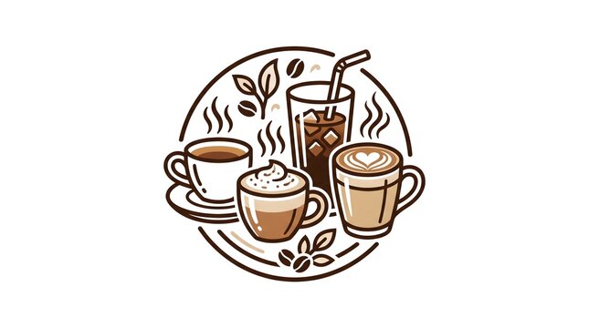 Line art vector illustration of various coffee drinks inside a circular frame, including espresso, iced coffee with a straw, cappuccino with whipped cream, and latte with heart latte art