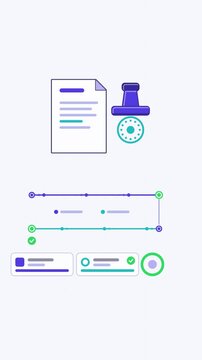 Vertical 9:16 animated document notarization confirming between parties in blue and cyan on a clean light background. Seamless looping 4K process flow motion graphics for reels, shorts and explainer v