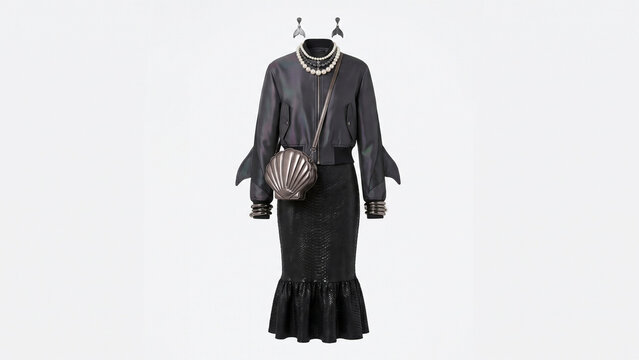 Iridescent mermaid fashion outfit &mdash; dark holographic bomber jacket with flared sleeves, black fish-scale mermaid skirt, shell crossbody bag, pearl necklace and whale earrings on white background
