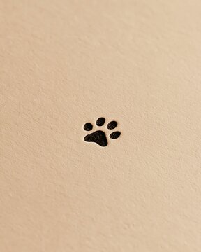 Black dog paw print stamp on beige textured paper, minimalist animal symbol for pet care