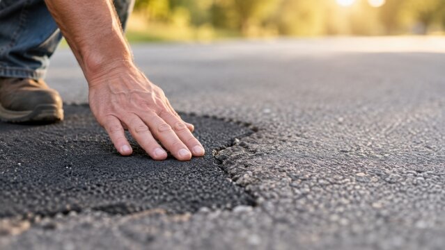 Pothole repair worker hand tests smooth transition between old and new asphalt on road surface during golden hour construction maintenance project