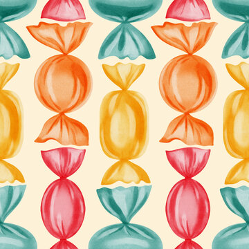 Sweet watercolor seamless pattern with colorful wrapped candies and sweet beads. Hand drawn background for birthday, kids holiday and candy bar, children's design, and card making
