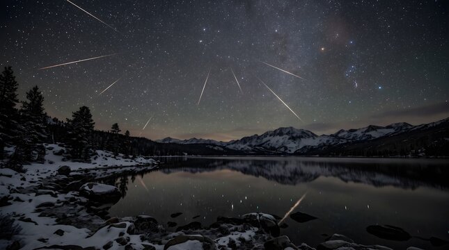 Spectacular meteor shower illuminates the winter night sky over a serene mountain lake, reflecting celestial beauty.
