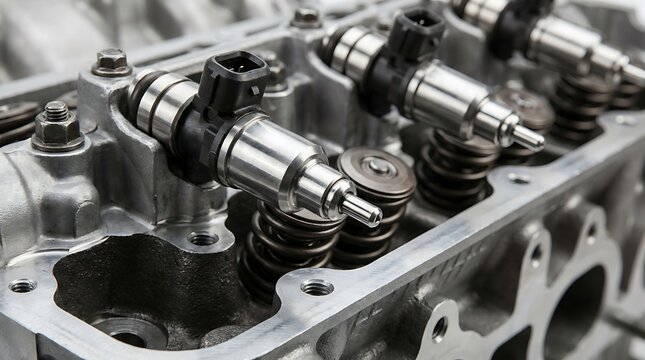 Detailed mechanical view showing high pressure fuel injectors and valve springs in an automotive engine block