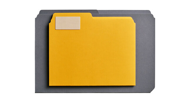 Yellow and grey paper file folders with a blank rectangular label