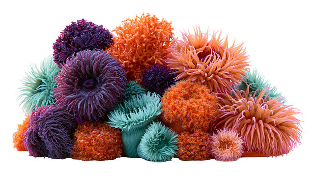 Vibrant cluster of colorful sea anemones with tentacles and textured surfaces