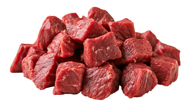 Fresh raw beef cubes piled together for cooking