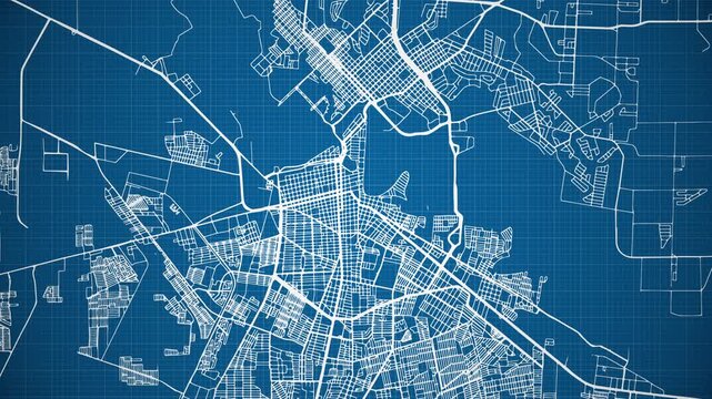 Ink reveal animation of Matamoros city, Tamaulipas, Mexico (M&eacute;xico) grid map. Aerial top view. Blueprint style. White lines with blue background. 4K Seamless loop.