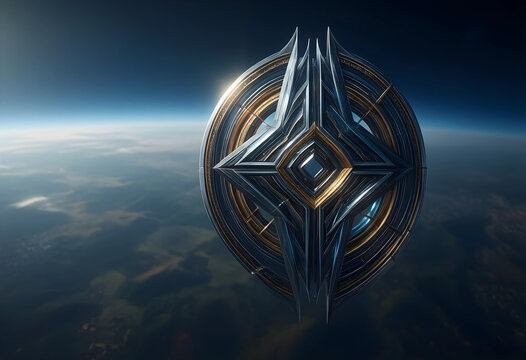Futuristic technology and space exploration, advanced alien artifact floating above Earth in orbit with metallic geometric design and glowing light