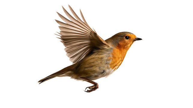 European robin bird in flight with wings spread wide