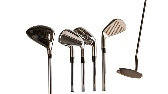 Set of professional golf clubs including driver irons, and putter