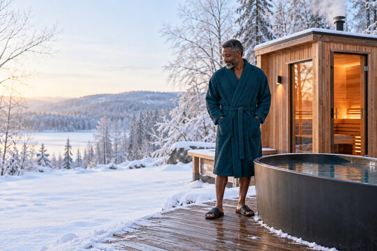 Black man at outdoor sauna and cold plunge with winter copy space