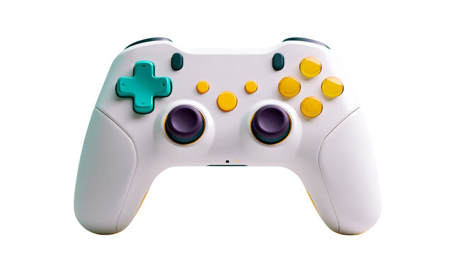 White wireless video game controller with teal d-pad and yellow action buttons