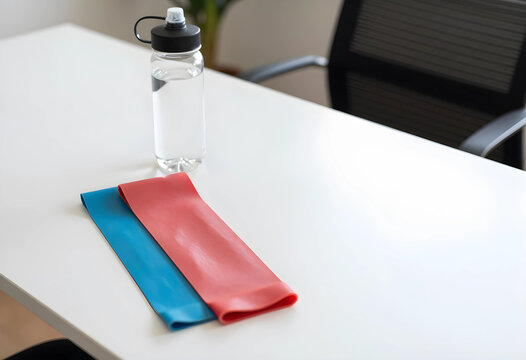 Workplace wellness and office fitness, resistance bands and water bottle on a desk for employee health and active break during the workday