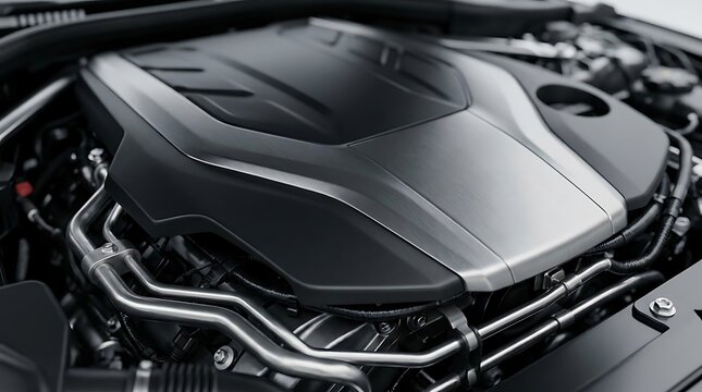 Modern luxury car engine bay close up view showing clean mechanical components and performance design