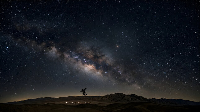 Astronomy telescope under milky way galaxy night sky landscape