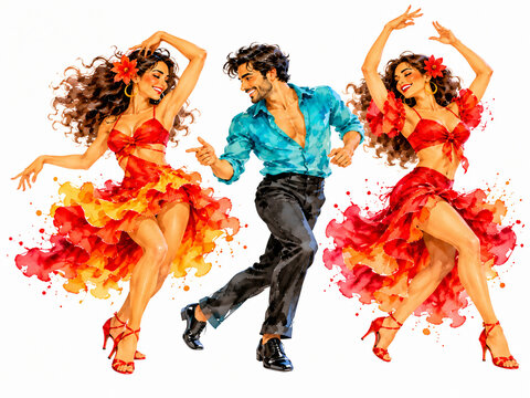 Dynamic watercolor salsa dance illustration featuring energetic dancers in vibrant red, orange and turquoise clothing, isolated on a clean white background.