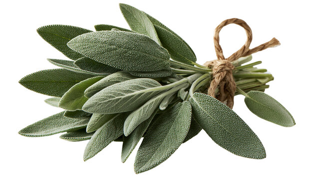Fresh green sage herb bunch tied with rustic twine string