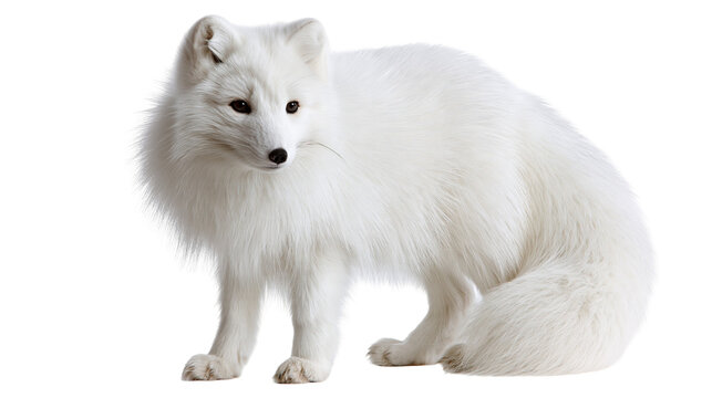 Fluffy white arctic fox with thick winter fur standing in profile