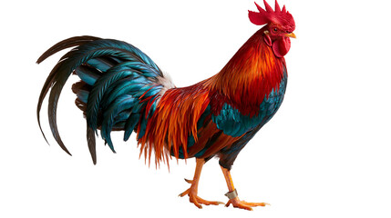 Vibrant rooster with red plumage and iridescent blue tail feathers © Uxia