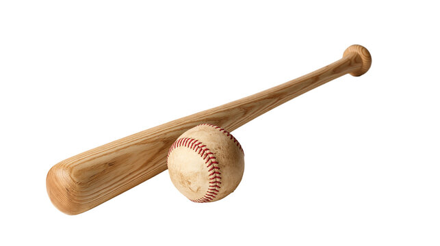 Wooden baseball bat and leather baseball with red stitching