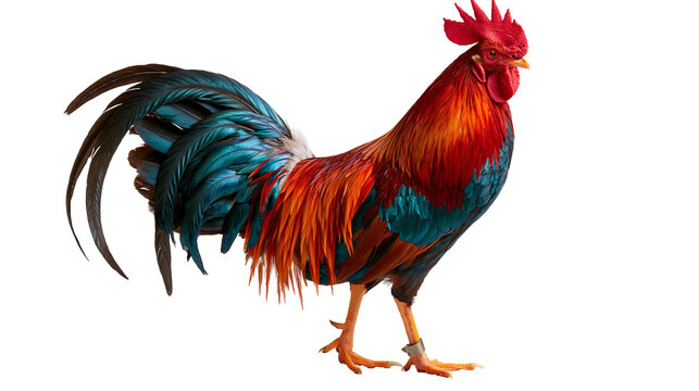 Vibrant rooster with red plumage and iridescent blue tail feathers
