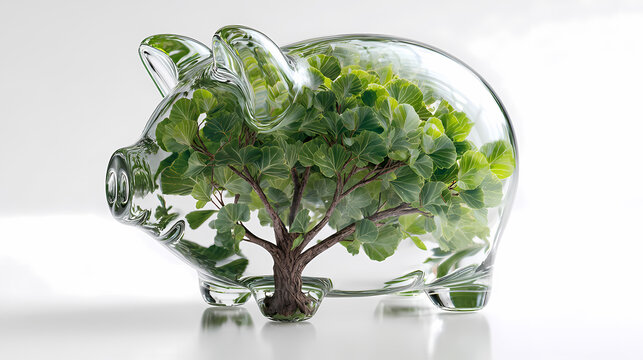Piggy bank made of transparent glass containing a lush green tree representing ecological investments and sustainable financial growth.