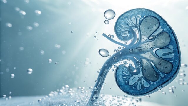 Photorealistic cross-section of a human kidney with intricate anatomical detail surrounded by clean water and bubbles