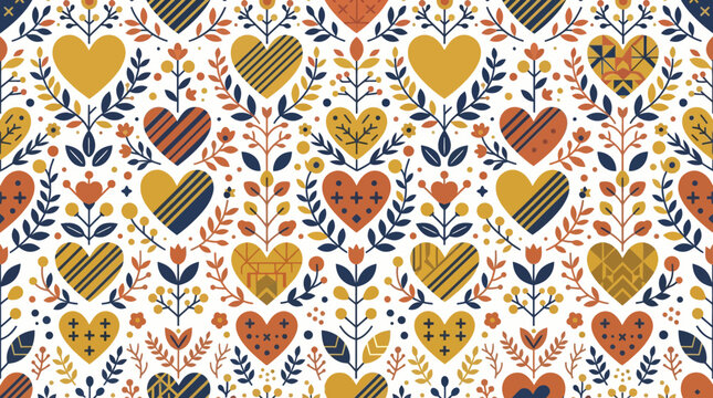 Scandinavian folk art seamless pattern with decorative hearts, leaves and floral vines in warm earthy colors