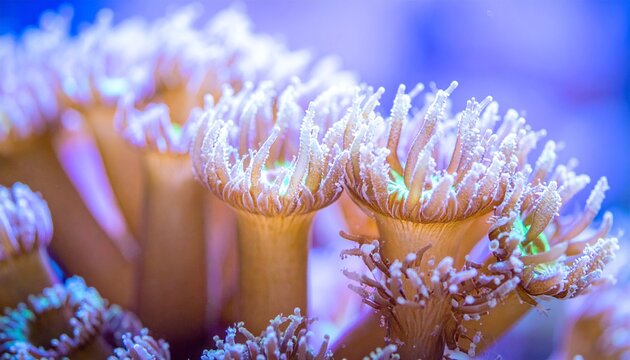 Close up of vibrant coral polyps feeding in a deep blue marine
