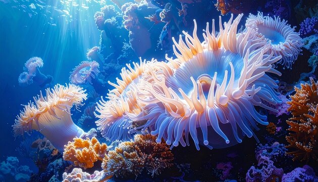 Vibrant coral polyps feeding in a deep blue marine ecosystem with