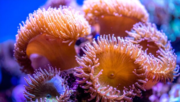 Close up of vibrant orange coral polyps feeding in a deep blue marine