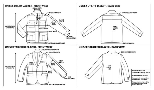 Untitled design - 3 Jacket and Blazer Technical Specification Sheet Measurement CAD Front Back Apparel Vector Template