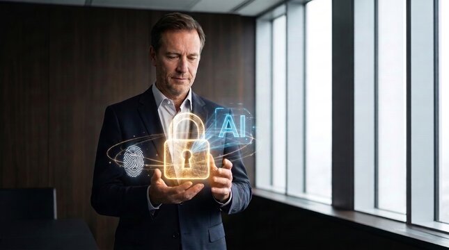 Identity Access Management and Fiduciary Cyber Governance Concept, Executive with Luminous Golden Security Lock Icon in Modern Office