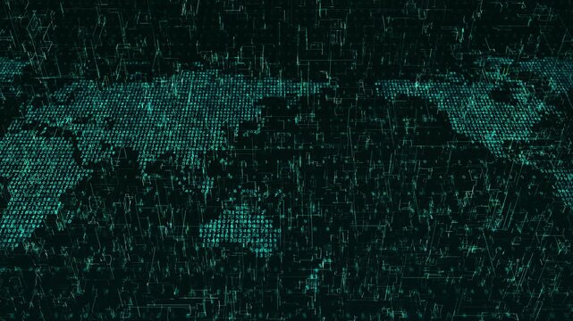 Futuristic digital world map showing global network connection with teal glowing data points on dark background for technology concepts