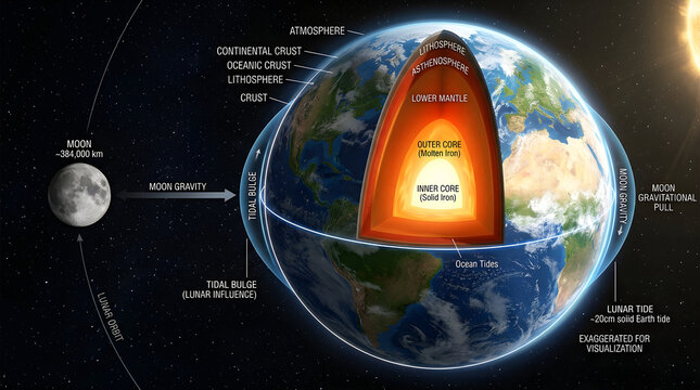Earth's internal structure diagram with labeled layers and moon orbit