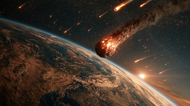 Fiery meteor asteroid impact burning comet falling meteorite outer space planet surface atmospheric entry cosmic disaster doomsday scene apocalyptic sky fiery meteor asteroid impact burning comet