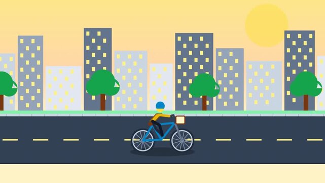 Zoomed-in 2D animation loop of a casual cyclist riding very slowly and leisurely along a calm urban street in warm morning light.