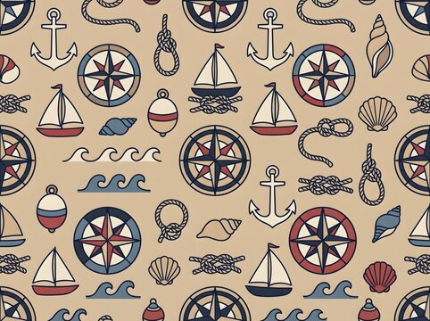 Nautical pattern showcases vintage sailboats, compass roses, anchors, ropes, and seashells in a seamless design.