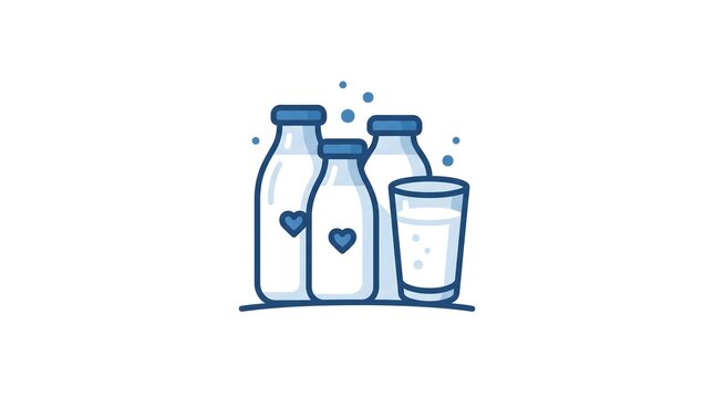 Minimalist vector illustration of three milk bottles decorated with blue hearts next to a fresh glass of milk, isolated on a white background
