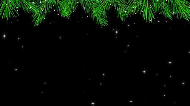 Christmas Tree Branch Top Frame with Sparkling Stars Glitters on Black Animation, Pine Border Holiday New Year Videos Social Media Motion background