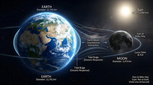 Earth and moon alignment illustrating tidal bulge and lunar orbit for