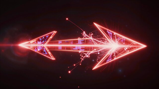 A glowing red triangular arrow with sparkles and light trails against a dark background.