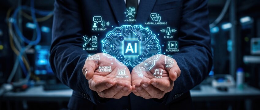 hands holding glowing AI technology concept