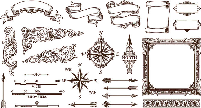 Vintage nautical map elements, antique cartography design kit with compass rose and ribbons, hand drawn engraved vector scrolls