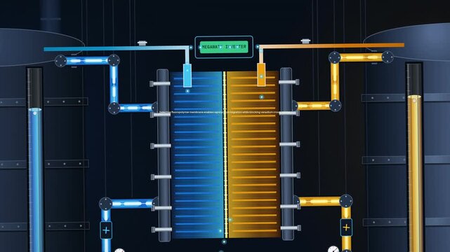 3D animated infographic of a Vanadium Redox Flow Battery system showing energy conversion and storage process with text callouts explaining components and mechanics