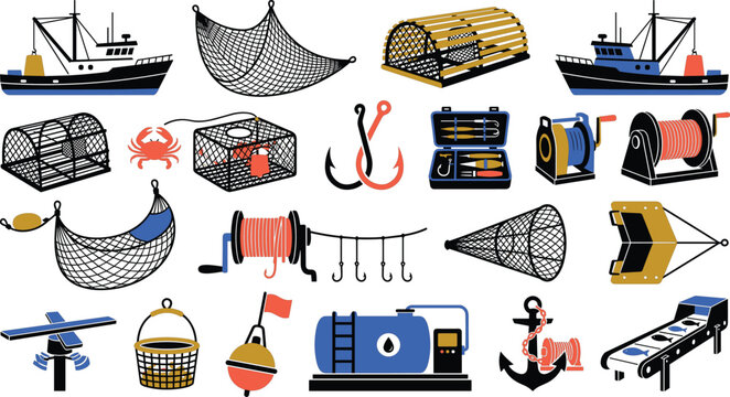 Industrial deep sea marine fishery apparatus showcasing trawlers shellfish cages mesh netting tackle box buoy anchor