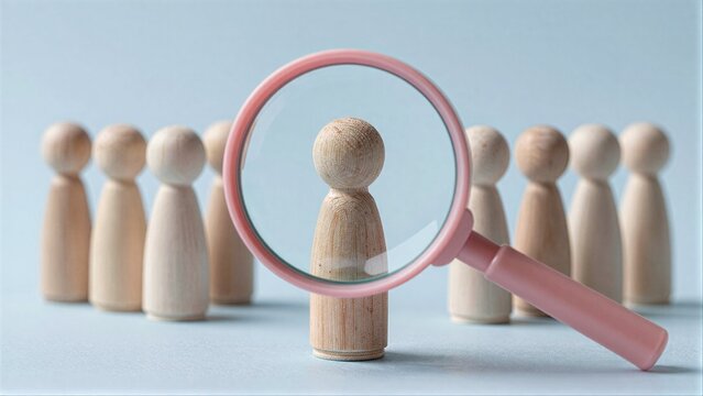Wooden figures with magnifying glass highlighting one, symbolizing selection or scrutiny.