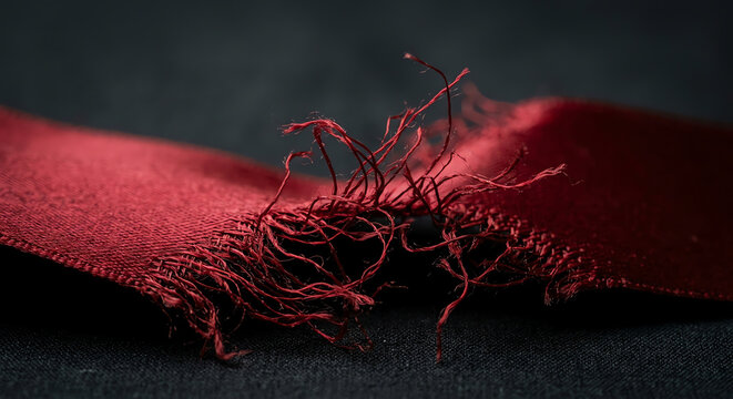 Torn Red Silk Ribbon, Frayed Edges, Macro Detail